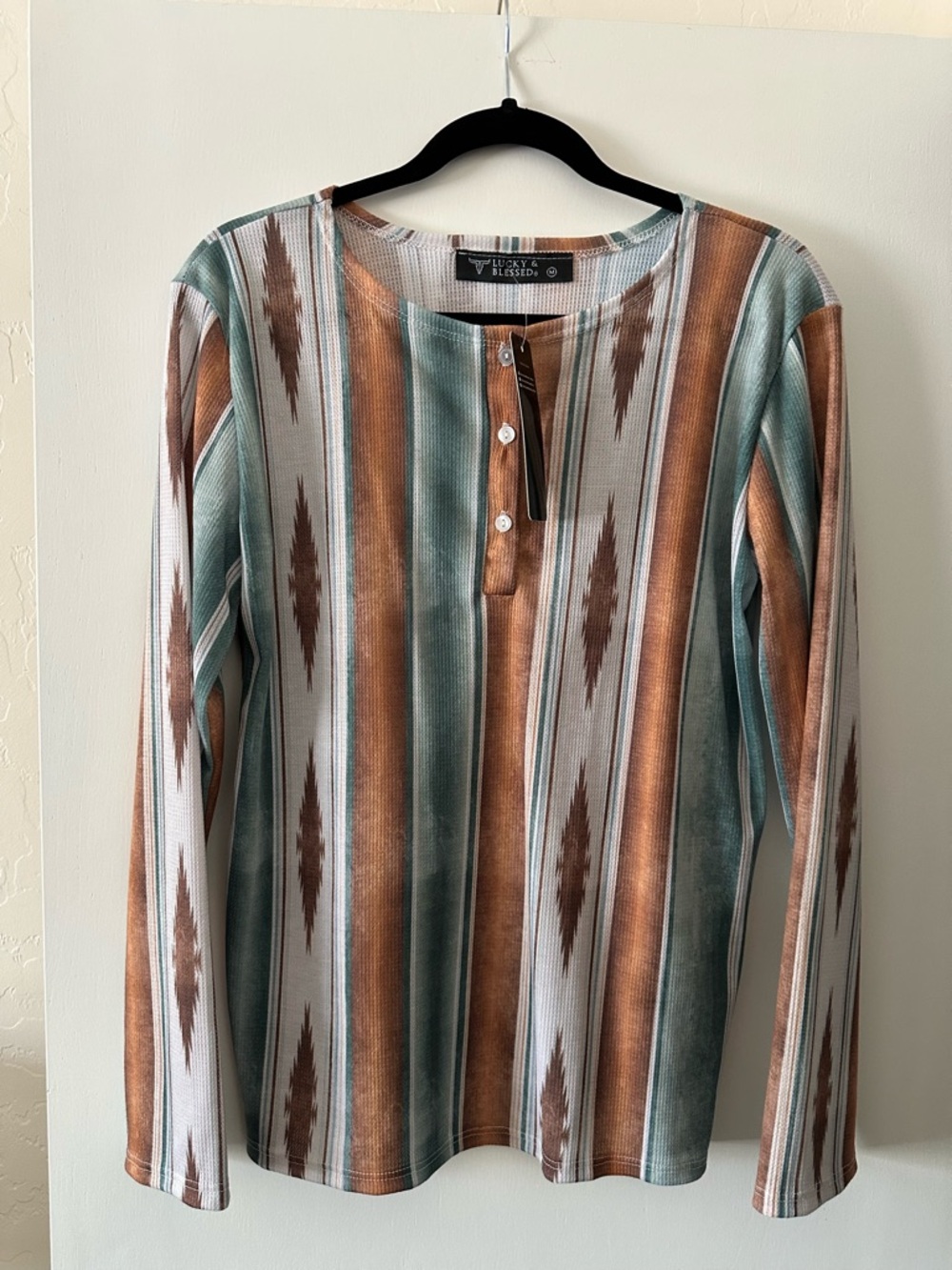 Lucky & Blessed Green Teal Brown Striped Long Sleeve Shirt